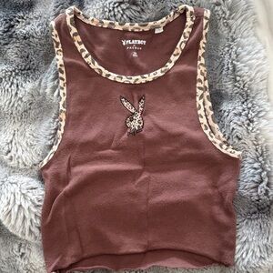 PLAYBOY Women's Brown Tank Top with Leopard Trim